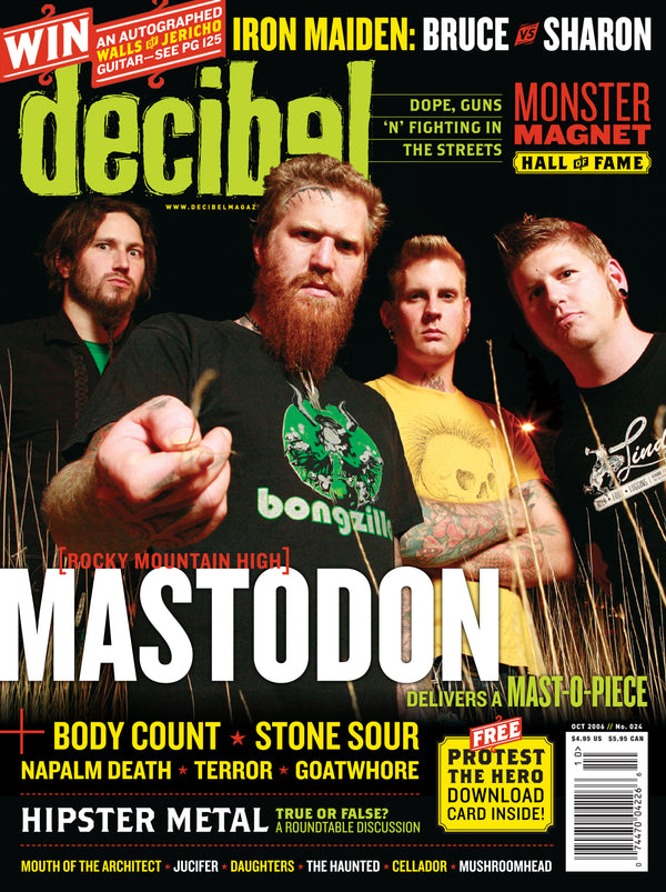 Magazine cover featuring Mastodon with promotional text and graphics