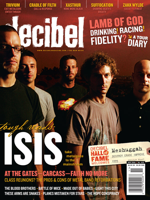 Decibel magazine cover featuring a band with text about metal bands and music.