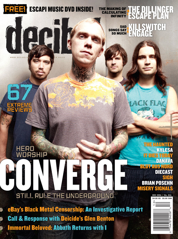 Magazine cover featuring the band Converge with text about music and reviews.