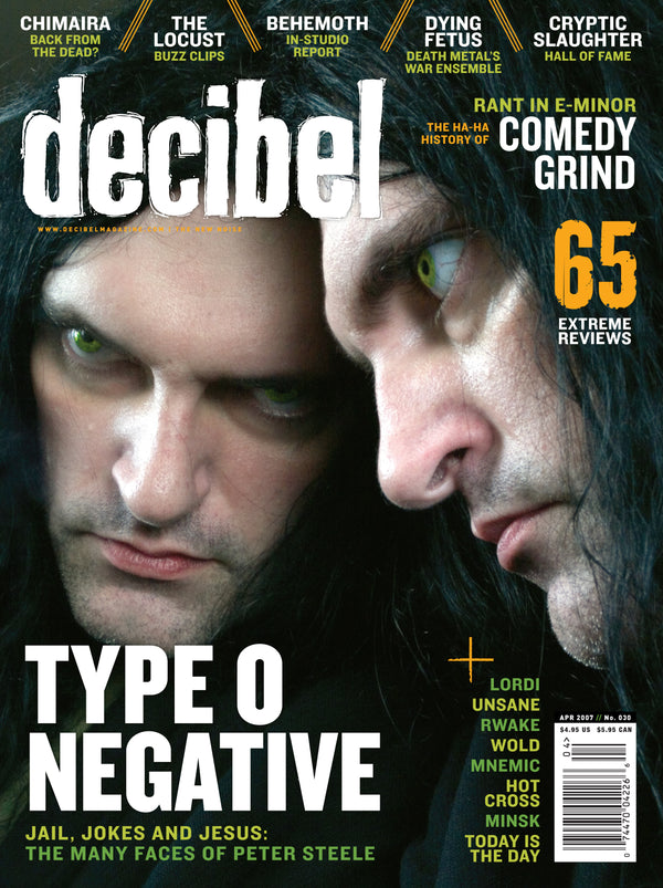 Magazine cover featuring two faces with text about Type O Negative and Decibel magazine.