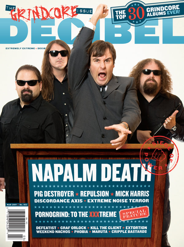 Magazine cover featuring a group of people at a podium with 'Napalm Death' branding.