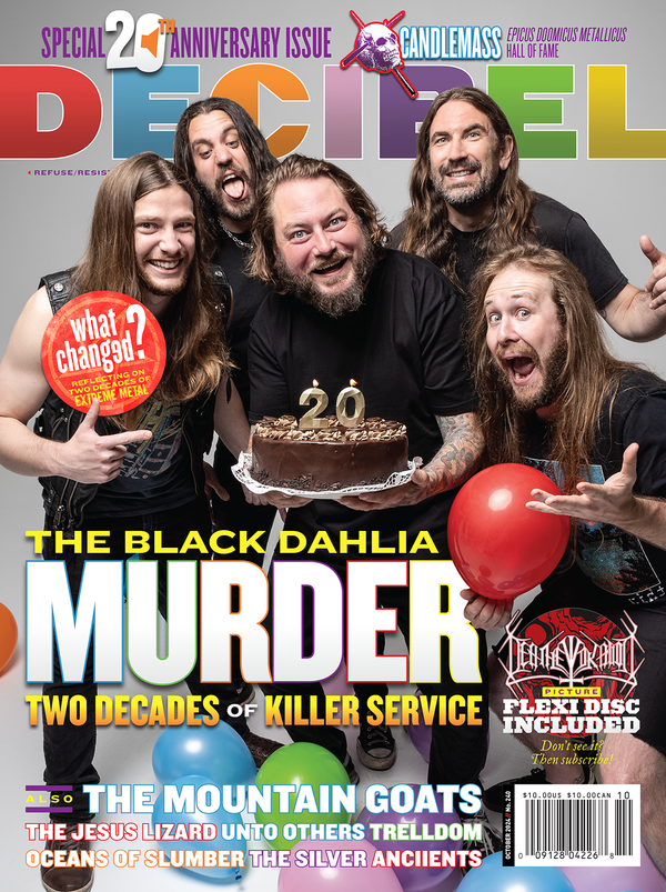 Cover of Decibel Magazine featuring members of The Black Dahlia Murder band celebrating their 20th anniversary with a cake.