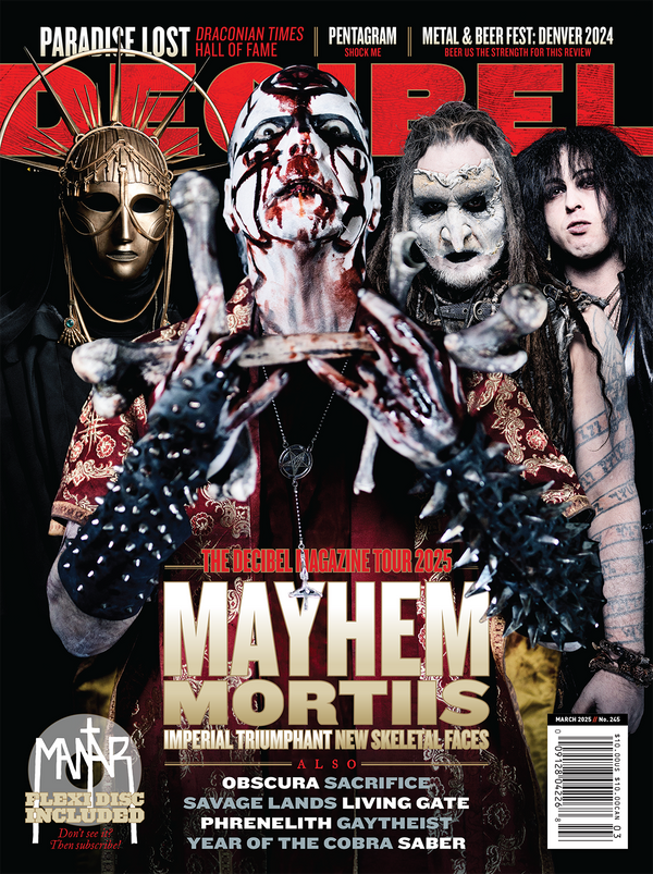 Cover of Decibel Magazine featuring members of the band Mayhem with stage makeup and costumes, promoting the magazine's content including band interviews and live music coverage.
