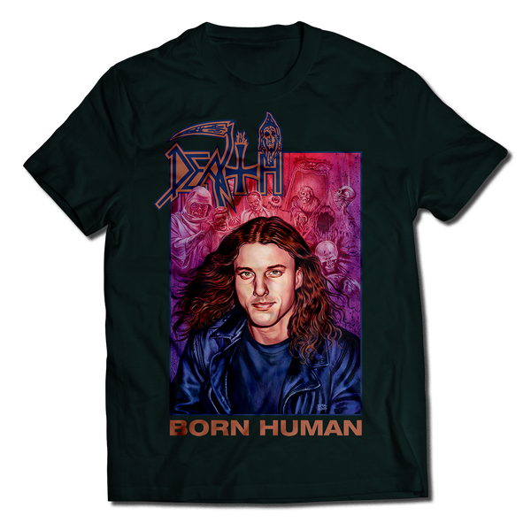 promotional image of a Black t-shirt with a graphic design promoting the book Born Human