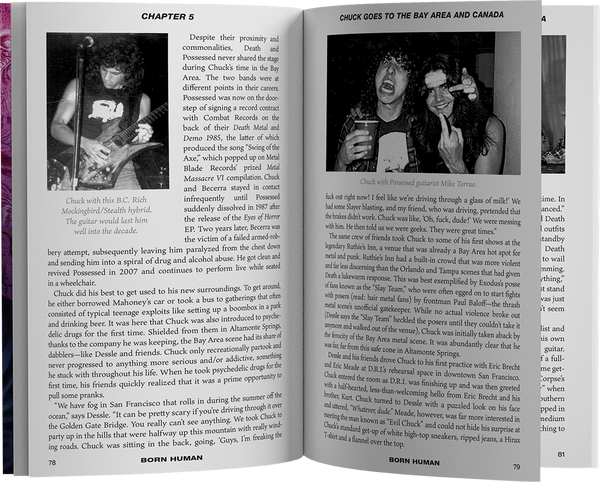 Open book with two black and white photographs and text on a white background