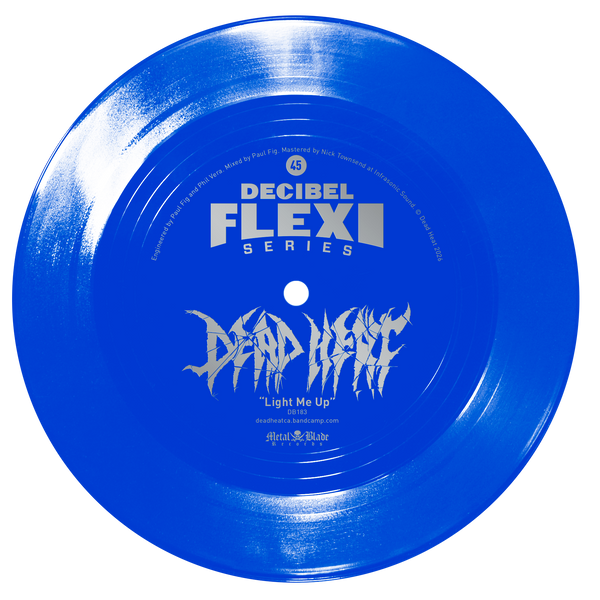 Blue vinyl record with 'Decibel Flexi Series' and 'Dead Heat' text on a white background