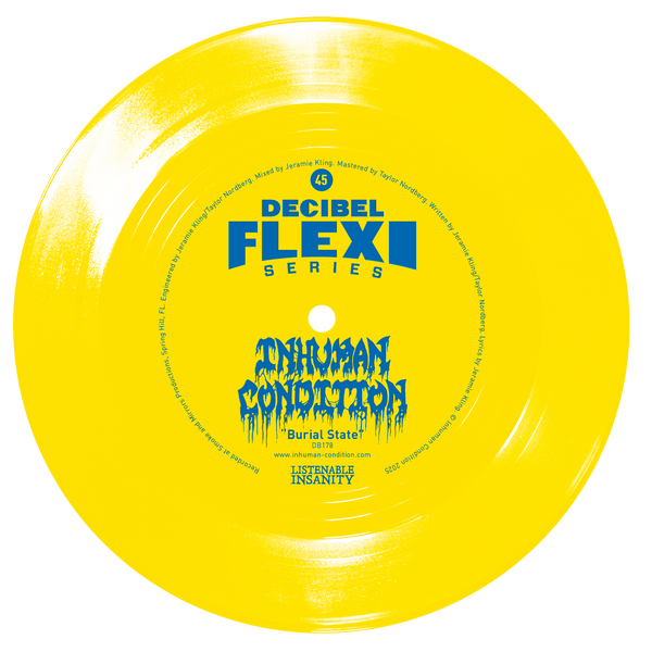Yellow vinyl record with 'Decibel Flexi Series' and 'Anhuman Condition' text on a white background