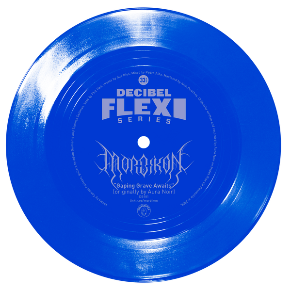 Blue vinyl record with 'Decibel Flexi Series' and 'Morbikon' text