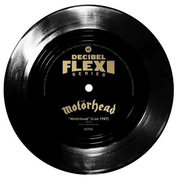 Vinyl record with 'Decibel Flexi Series' and 'Motörhead' branding on a white background