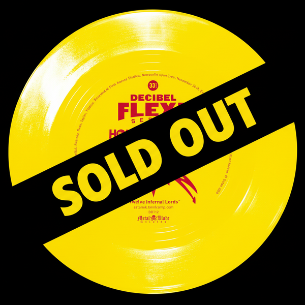 Yellow vinyl record with 'Decibel Flexi Series' and 'Sata' branding on a white background