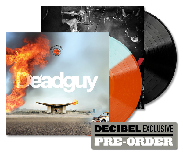 Pre-order promotional image for Deadguy, near death travel services and buyers remorse LP bundle, featuring a collage of album covers and a 'DECIBEL EXCLUSIVE' badge.