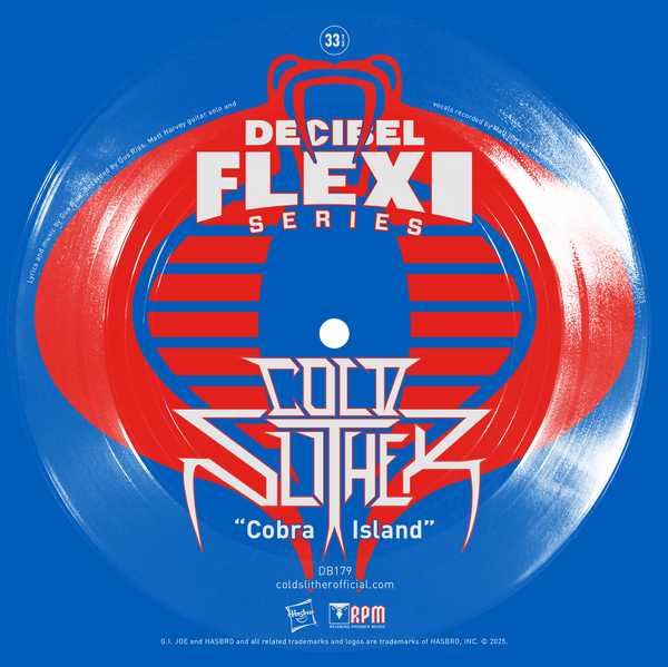 Vinyl record with red and blue design and text on a blue background