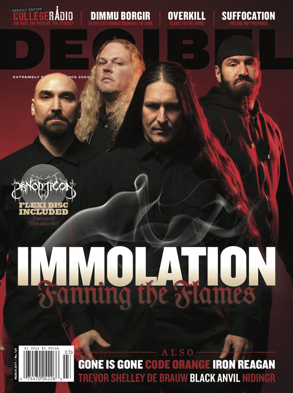 Cover of a magazine issue featuring members of the band Immolation, with the title 'Fanning the Flames' and additional text mentioning other bands such as Dimmu Borgir, Overkill, and Suffocation.