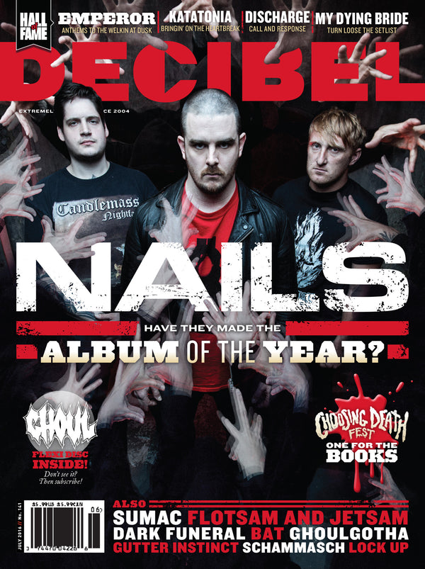 Cover of Decibel Magazine featuring band members with raised fists, text discussing album of the year, and band names Katatonia, Discharge, My Dying Bride, and others.