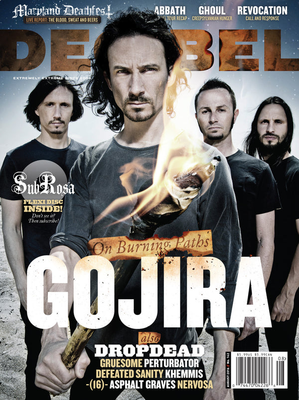 Cover of a magazine issue featuring a band with the title 'GOJIRA' prominently displayed, along with several members of the band posing with a flame effect behind them.