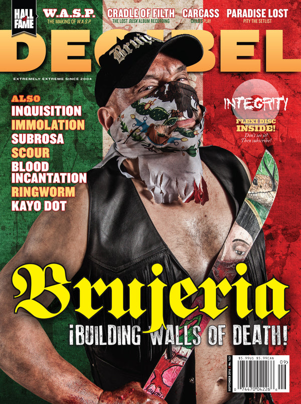 Magazine cover of Decibel featuring musical artist Brujeria with a red and black color scheme and text 'Building Walls of Death'.