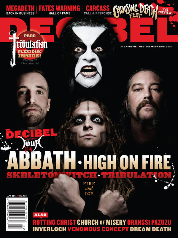Cover of Decibel Magazine April 2016 issue featuring band members from Abbath, High on Fire, Skeletonwitch, and Tribulation with a flexi disc.