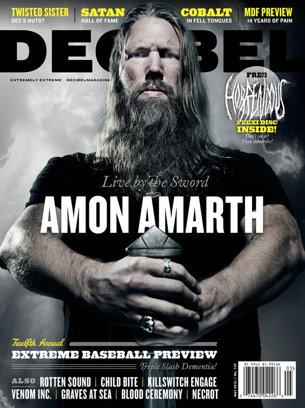 Cover of Decibel Magazine featuring Amon Amarth with the title 'Live by the Sword'. The magazine is dated May 2016 and includes an exclusive flexi disc.