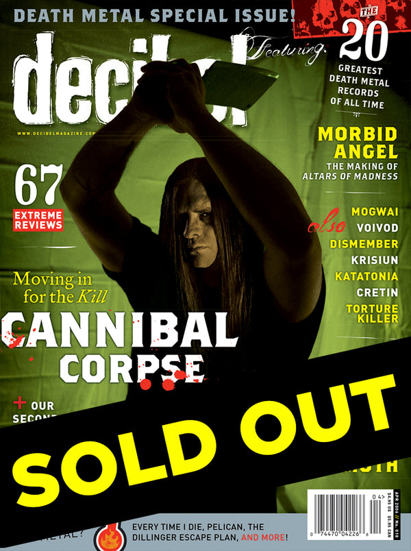 Magazine cover of Decibel featuring a person with a scowl and black attire, with text about the magazine content such asCannibal Corpse 'Moving in for the Kill' and 'The Hottest Doodz in Metal'.