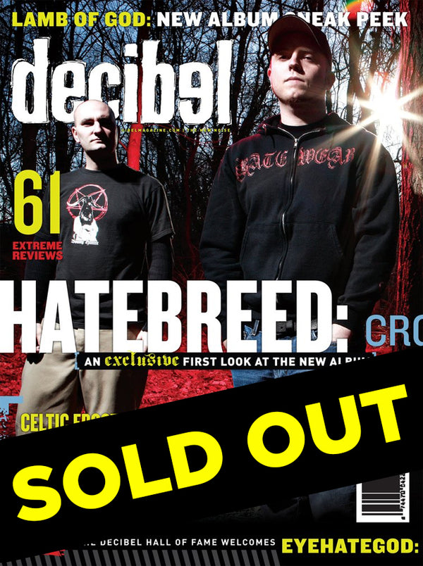 Magazine cover of Decibel featuring two men with the band Hatebreed, showcasing an exclusive first look at the new album.