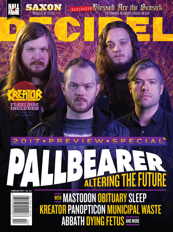 Cover of Decibel Magazine featuring members of the band Pallbearer with the title 'Altering the Future' and various band names mentioned below.