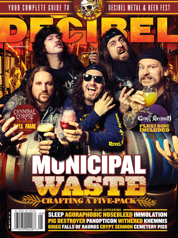 Cover of Decibel Magazine featuring Municipal Waste band on the cover, indicating a connection to metal and beer fest.