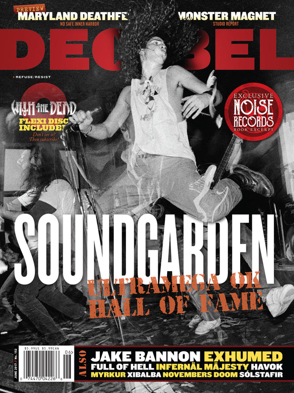 Magazine cover featuring a photograph of a band, with the band's name 'Soundgarden' prominently displayed, along with mentions of other bands and content inside the issue.