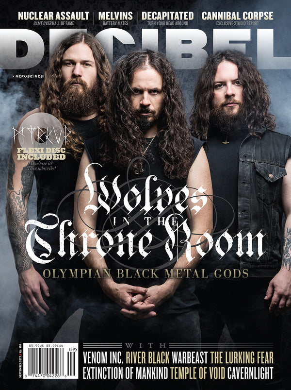 Magazine cover featuring a black and white photograph of a band, with the text 'Wolves in the Throne Room' and 'Olympian Black Metal Gods' prominently displayed.