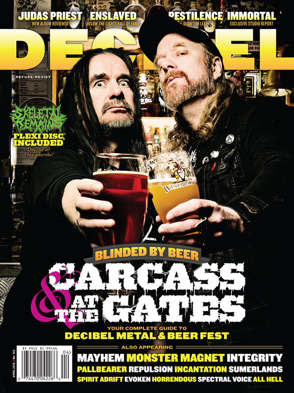 Cover of Decibel Magazine featuring two men holding beer glasses with text promoting Carcass and At the Gates concerts, and including an exclusive limited edition Skeletal Remains flexi disc.