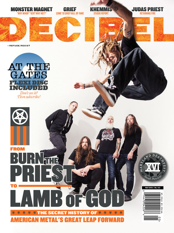 Cover of Decibel Magazine featuring a group of metal musicians in dynamic poses with text about the magazine's content.