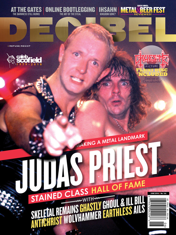 Cover of Decibel Magazine featuring Judas Priest with a red and black color scheme, including band members and event imagery.