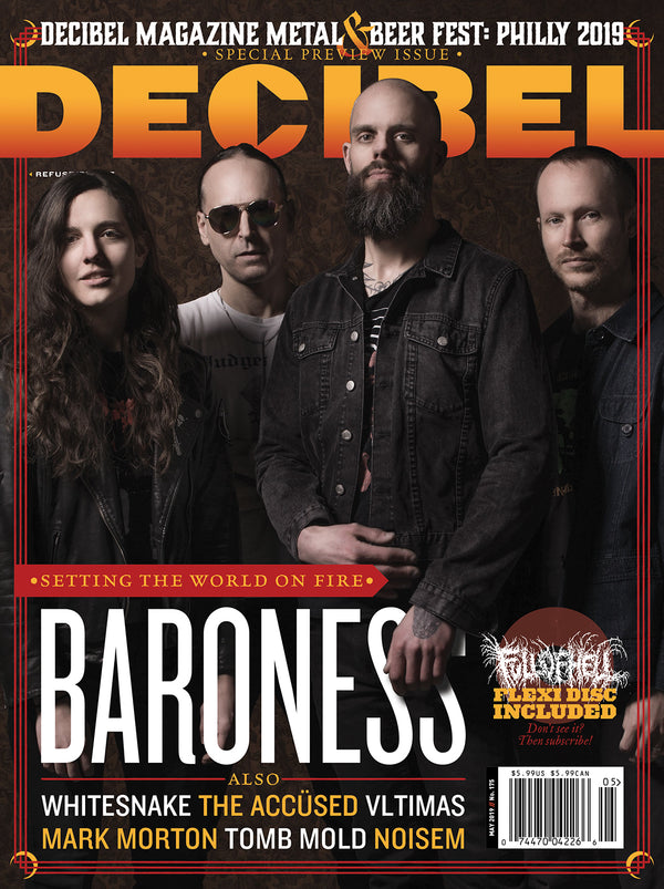 Cover of Decibel Magazine featuring Baroness band members, indicating a connection to Metal & Beer Fest Philly 2019.