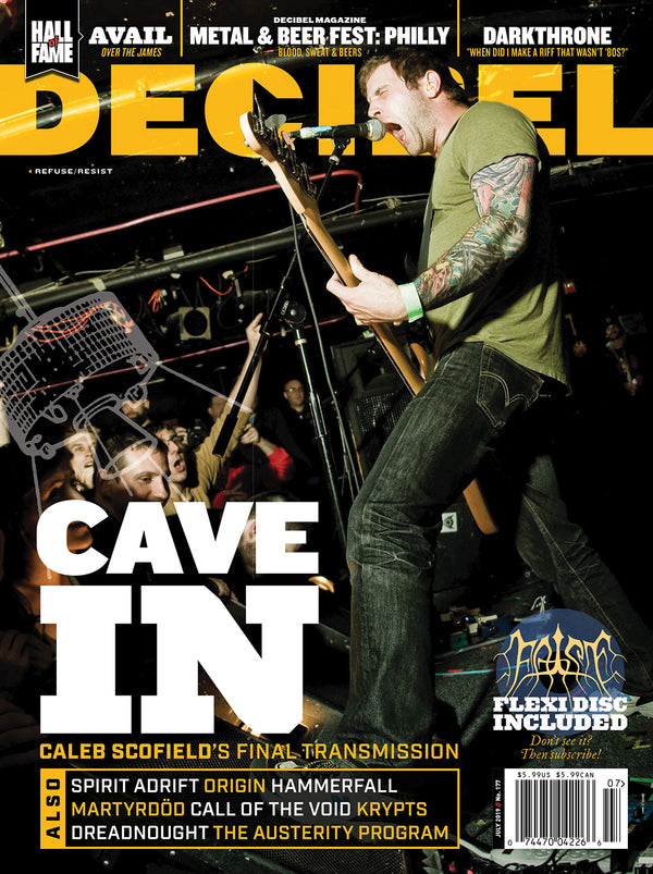 Cover of Decibel Magazine featuring Cave In band and Caleb Scofield with text about the magazine's content including Caleb Scofield’s final transmission, bands like Darkthrone and HammerFall, and the Decibel Hall of Fame.