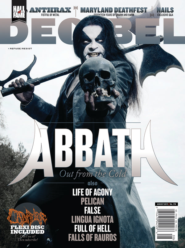 A cover of decibel magazine featuring a the text 'ABBATH Out from the cold