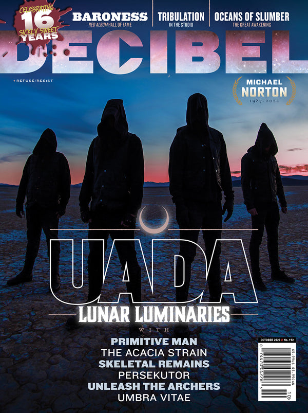 Cover of a magazine issue featuring silhouettes of band members against a twilight sky, with the band's name 'UADA' prominently displayed and the title 'Lunar Luminaries'.