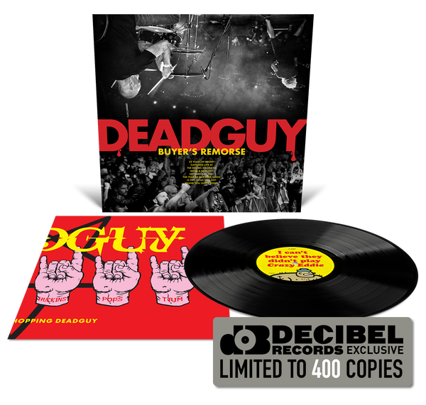 promotional image of Deadguy Buyers Remorse LP cover black vinyl, Decibel Records exclusive limited to 400 copies, showing LP jacket, insert and vinyl
