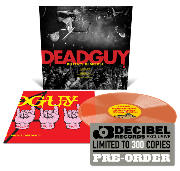 Promotional image for Deadguy buyers remorse LP on orange vinyl, featuring album cover, insert and record, and a 'DECIBEL EXCLUSIVE' badge.