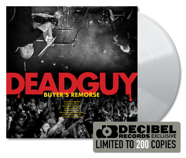 Promotional image for Deadguybuyers remorse LP on Silver vinyl, featuring album cover and a 'DECIBEL EXCLUSIVE' badge.