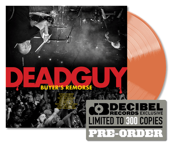 Promotional image for Deadguy buyers remorse LP on orange vinyl, featuring album cover and a 'DECIBEL EXCLUSIVE' badge.