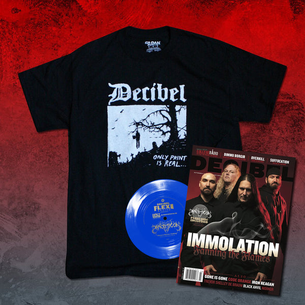 Promotional image featuring A black t-shirt with the text 'Decibel' and an image of a flexi disc, alongside a magazine cover featuring a band. The t-shirt has a graphic with the text 'Only Print Is Real' and a reference to Hellhammer. The product is a magazine subscription/t-shirt bundle.