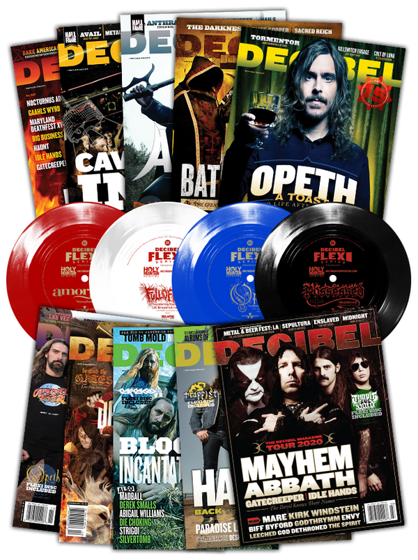 A collection of 'Decibel' magazine issues featuring various cover stories and flexi discs, indicating a subscription to the magazine.