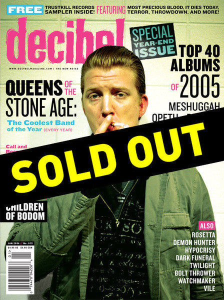 Magazine cover of Decibel featuring a man with a cigarette, text overlays indicating 'Queens Of The Stone Age', 'Top 40 Albums Of 2005', and the like, and a list of 'Children of Bodom' members.