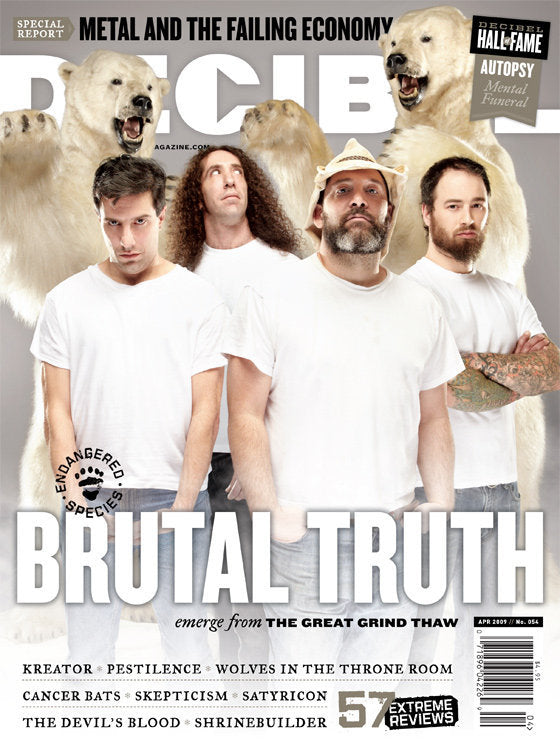 Cover of a Decibel magazine issue titled 'Brutal Truth' featuring members of a metal band Brutal Truth, with a white background.