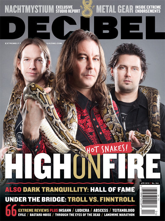 Cover of Decibel Magazine featuring members of the band High On Fire with the title 'High On Fire' prominently displayed, along with images of other bands.