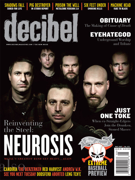 Cover of Decibel Magazine featuring band members from Neurosis and other metal bands, with a title and bylines related to music and baseball preview.