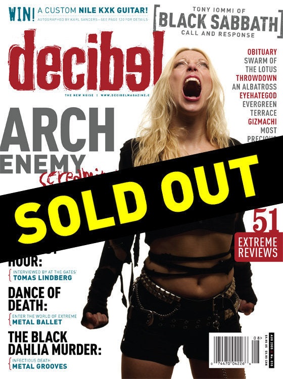 The cover of the August 2005 issue of Decibel magazine, featuring a woman with a screaming facial expression, set against a black background with text and logos related to the magazine's content.