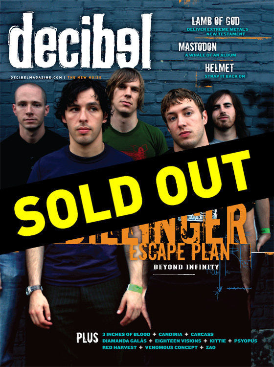 Magazine cover of Decibel featuring a black and white photograph of a band, with text 'The Dillinger Escape Plan Beyond Infinity' and 'VOL. 1, ISSUE 10'.