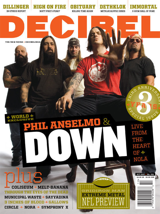 Cover of Decibel Magazine featuring members of the band Down with Phil Anselmo, along with text including the band's name and other articles mentioned in the magazine.