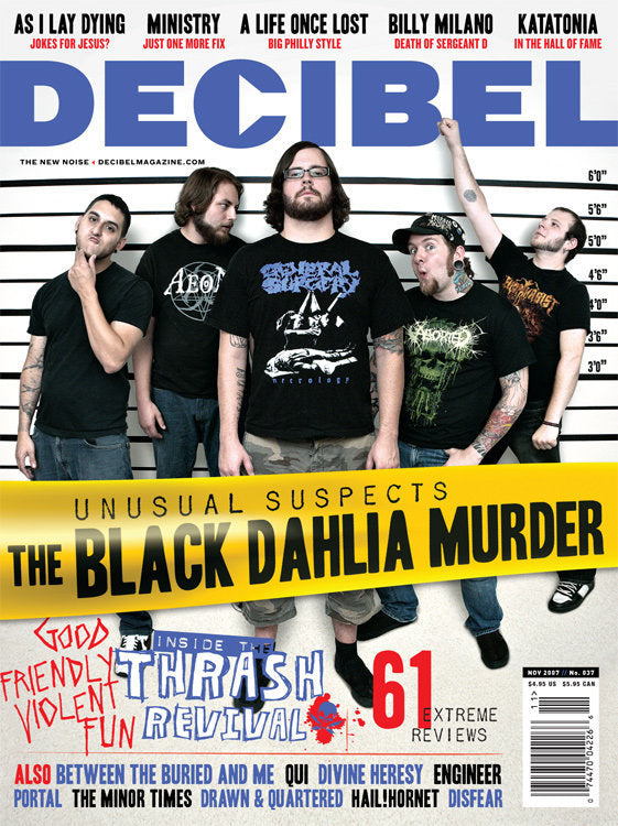 Magazine cover of Decibel featuring a black and white photograph of a band, with text including the title 'The Black Dahlia Murder' and subheadings such as 'Unusual Suspects' and 'Goddamn This Is Thrash'.