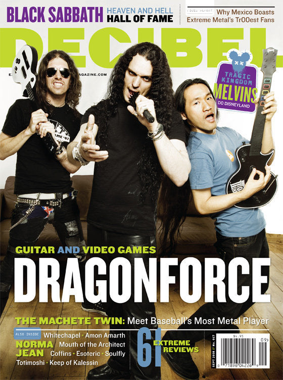 Cover of a magazine issue from September 2008 featuring the band Dragonforce, along with various articles and band members posing with guitars.